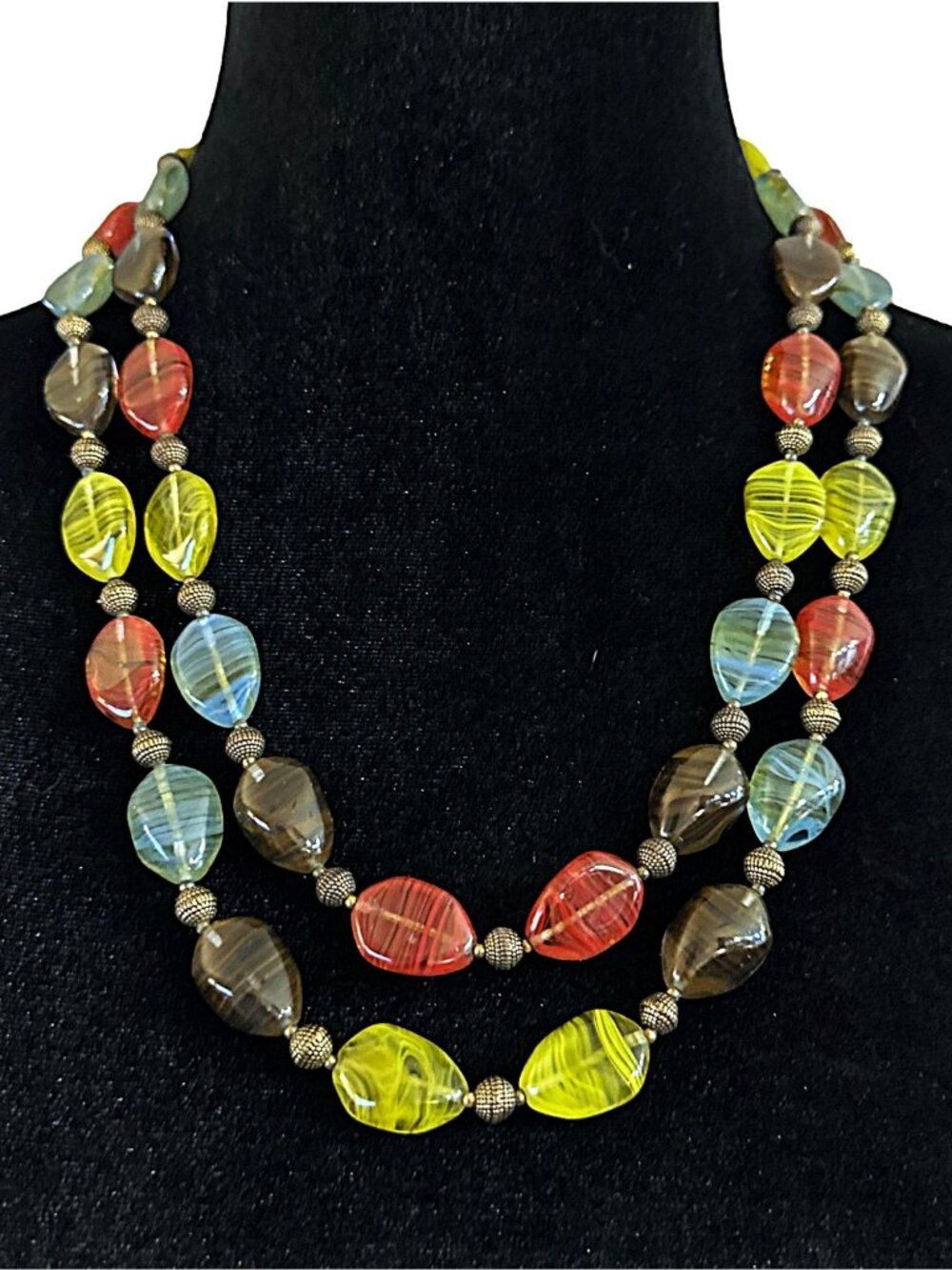Vintage Double Strand Necklace Glass Beaded Red Blue Green Womens Jewelry Gift